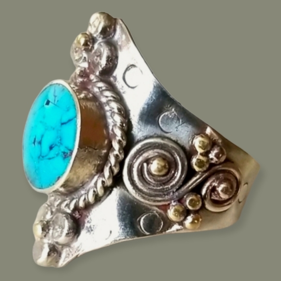 Southwestern Boho Tribal Turquoise Hand Crafted Adjustable Band Ring - Picture 3 of 16
